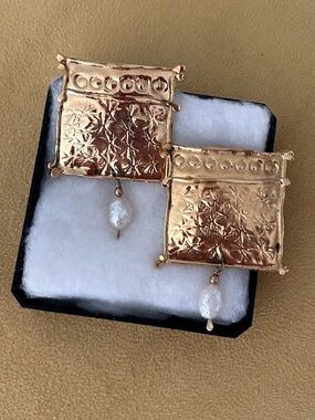 Gold-Tone Square Drop Earrings with Pearl Accent
